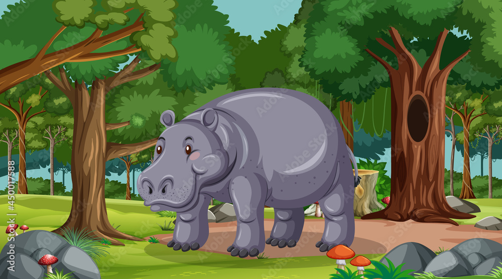 Hippopotamus in forest at daytime scene with many trees