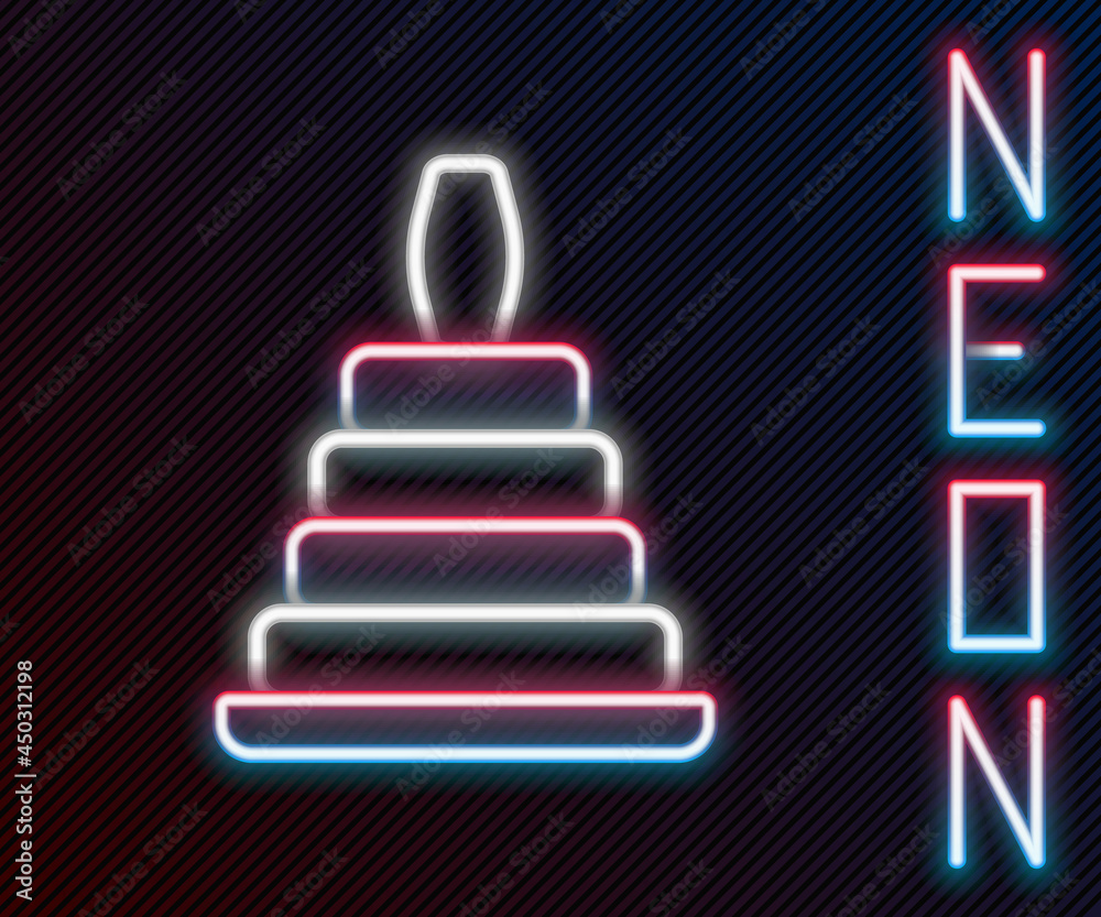 Glowing neon line Pyramid toy icon isolated on black background. Colorful outline concept. Vector