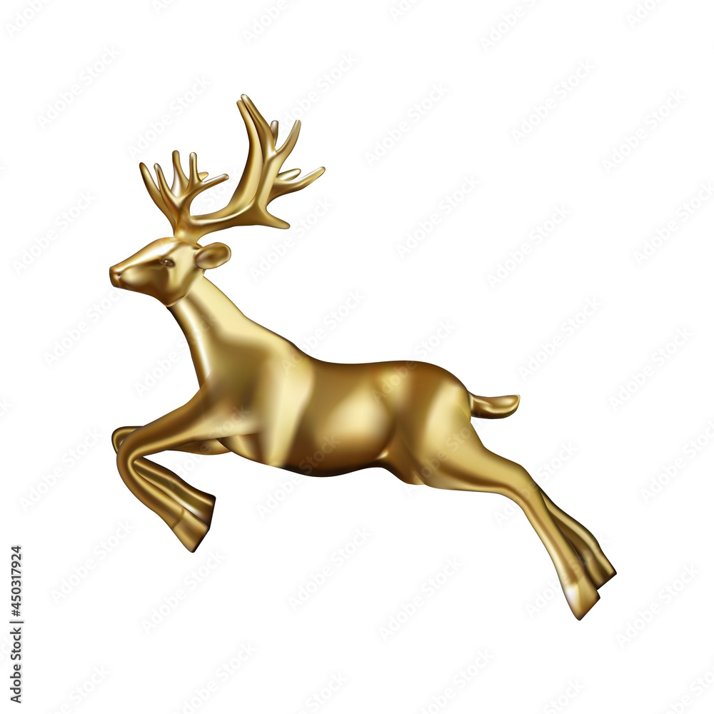 Golden deer 3d decoration for christmas and new year design. Vector Illustration