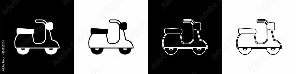 Set Scooter icon isolated on black and white background. Vector