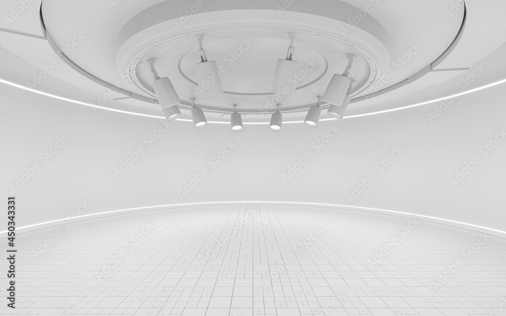 Indoor stage with white empty room, 3d rendering.