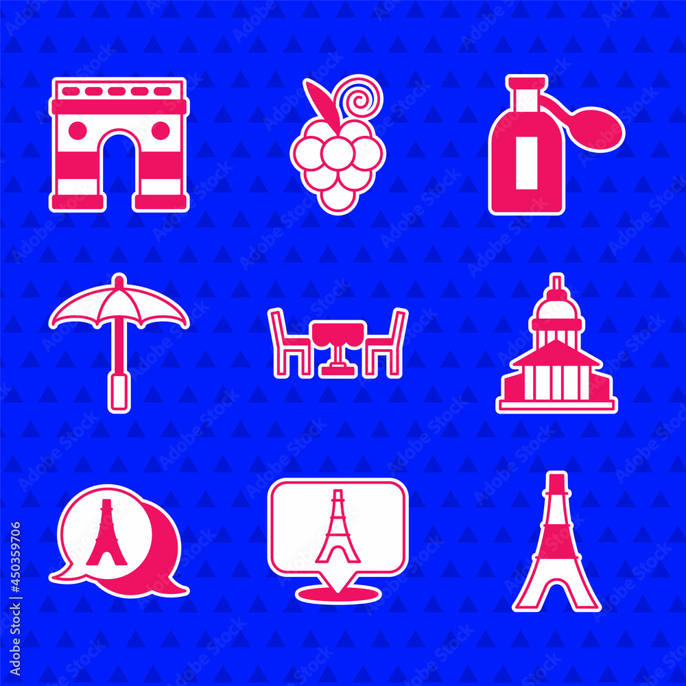 Set French cafe, Eiffel tower, Museum building, Umbrella for beach, Perfume and Triumphal Arch icon.