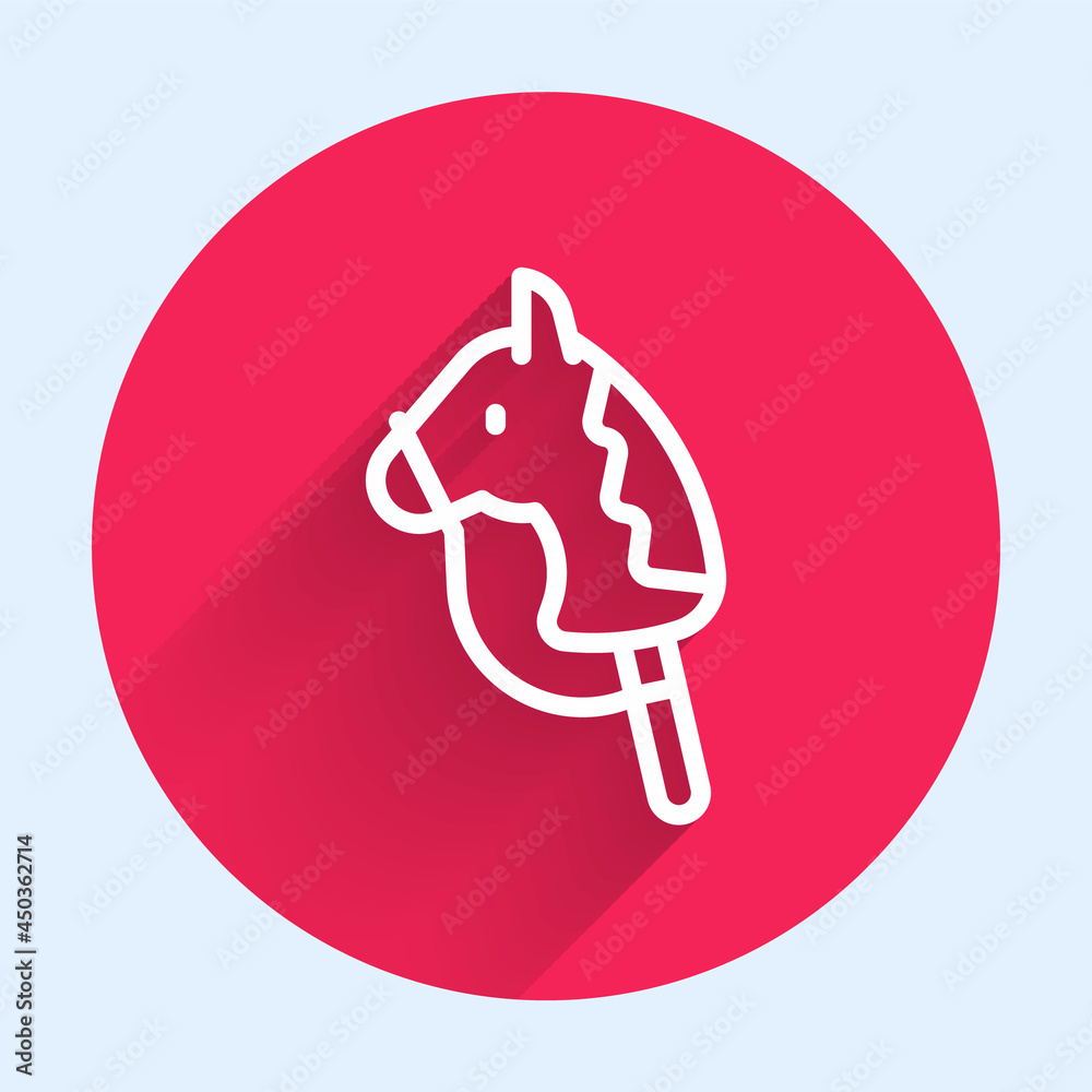 White line Toy horse icon isolated with long shadow background. Red circle button. Vector