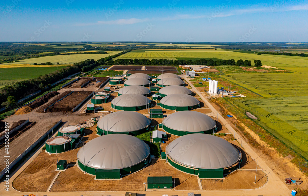 Aerial view on the modern bio gas station or factory. Bio gas plant. Sustainable production. Ecologi