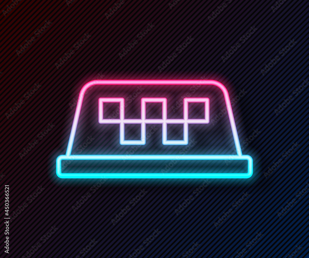 Glowing neon line Taxi car roof icon isolated on black background. Vector