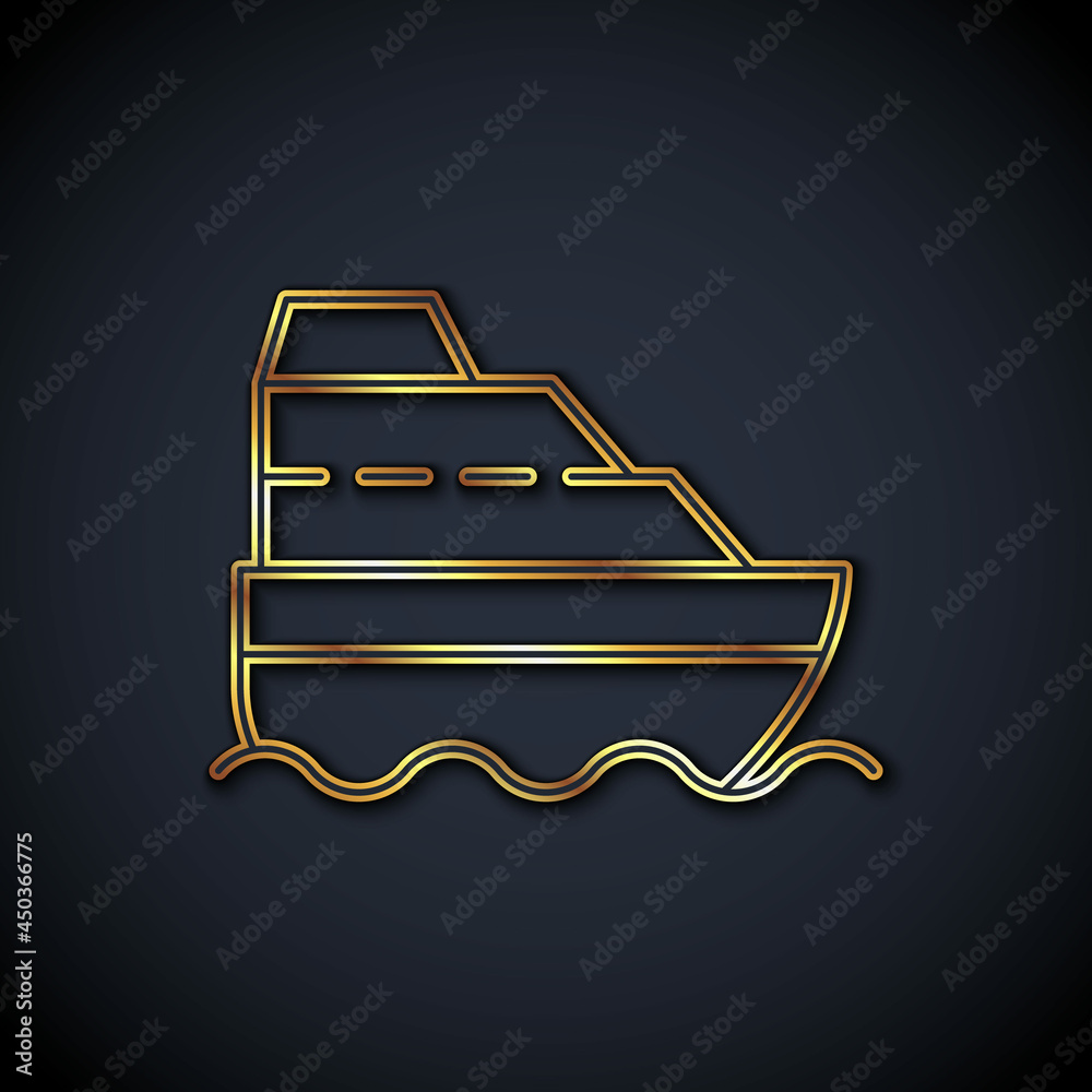 Gold line Cruise ship in ocean icon isolated on black background. Cruising the world. Vector