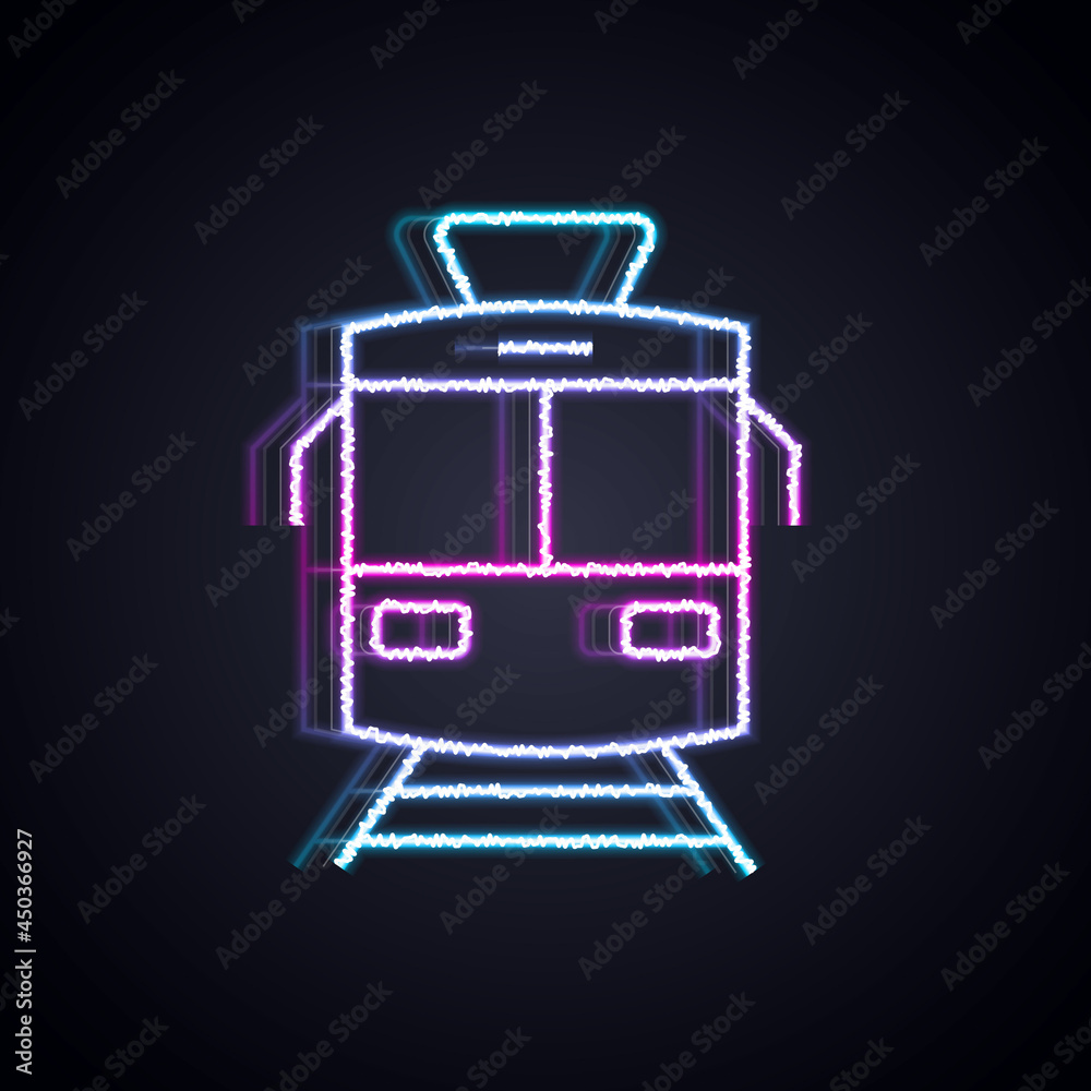 Glowing neon line Tram and railway icon isolated on black background. Public transportation symbol. 