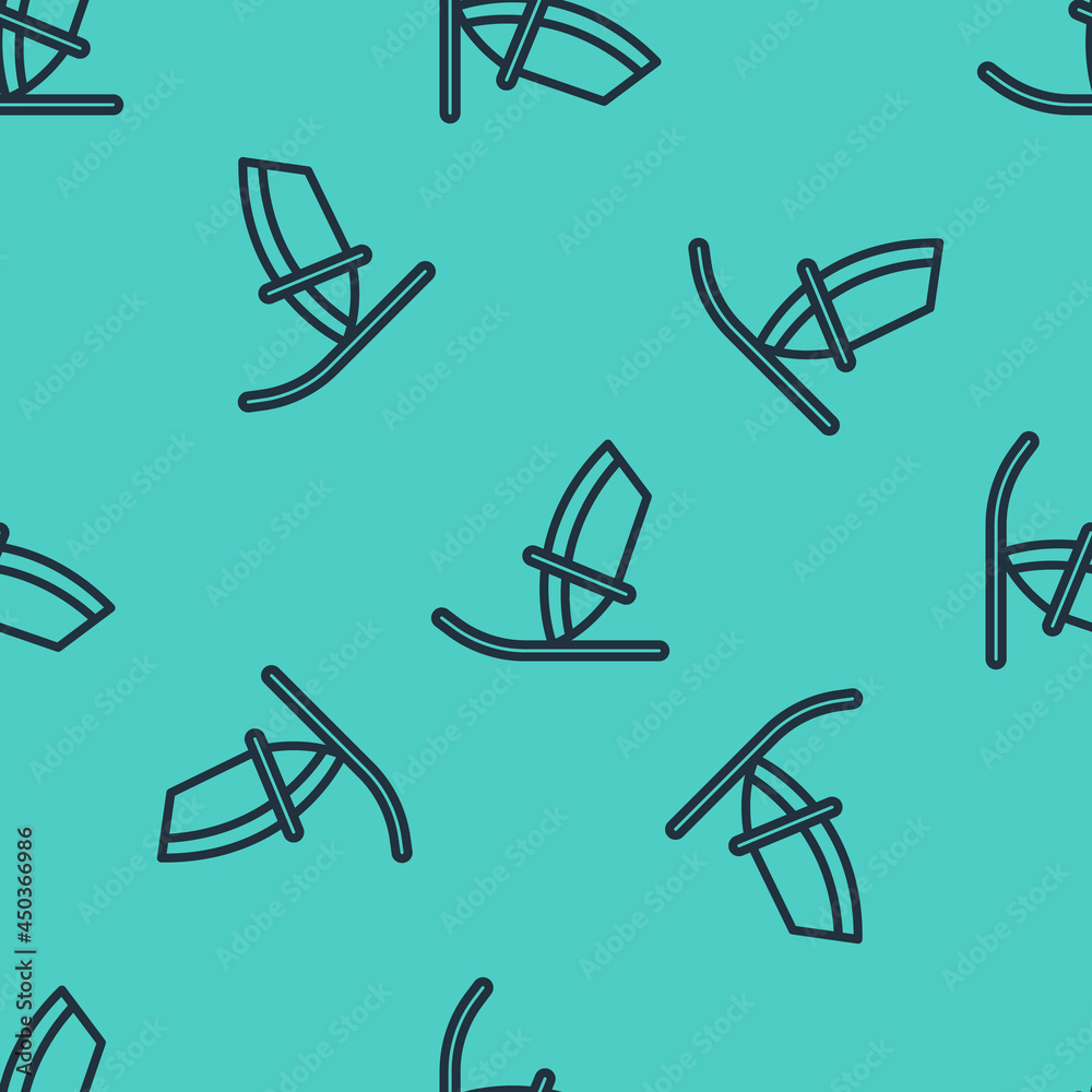 Black line Windsurfing icon isolated seamless pattern on green background. Vector