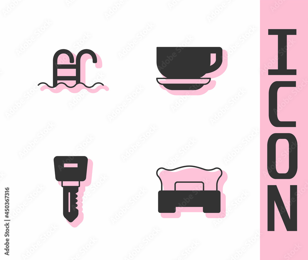 Set Bedroom, Swimming pool, Hotel door lock key and Coffee cup icon. Vector