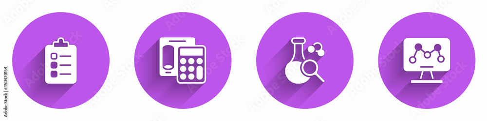 设置待办事项列表或计划、计算器、试管和带有长阴影的基因工程图标。Vec