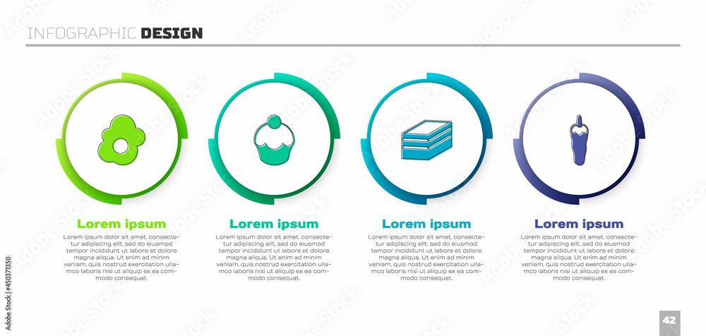 套餐炒蛋、松饼、蛋糕和辣椒。商业信息图模板。矢量