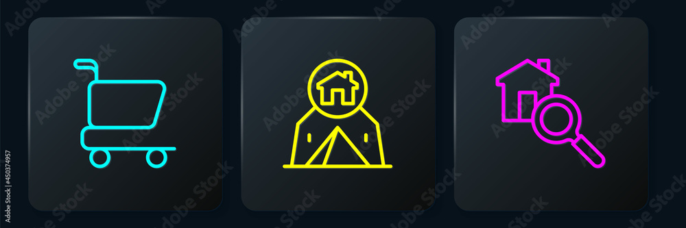 Set line Shopping cart, Search house and Tourist tent. Black square button. Vector