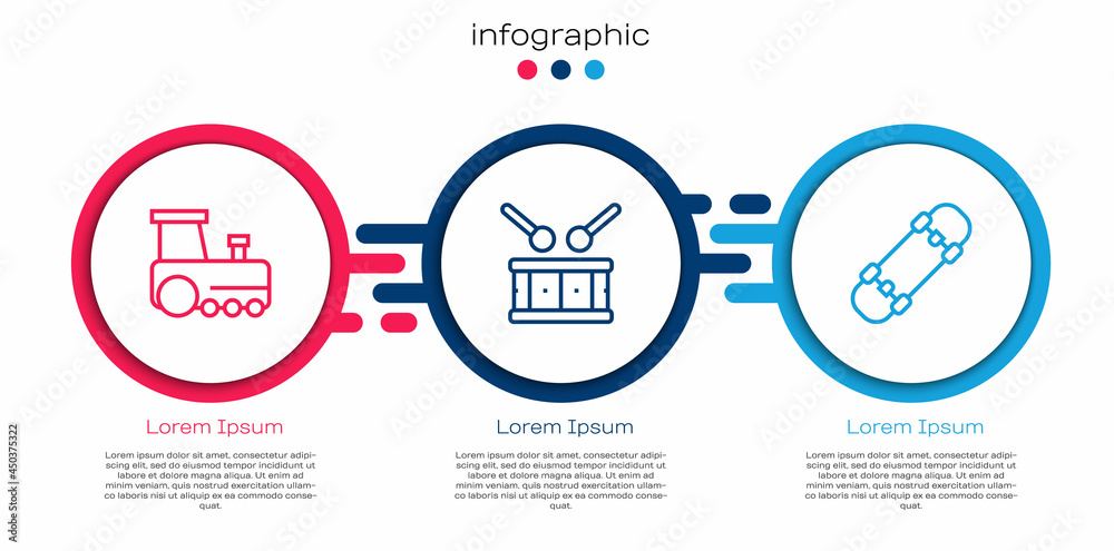 设置线路玩具火车、鼓棒和滑板。商业信息图模板。矢量