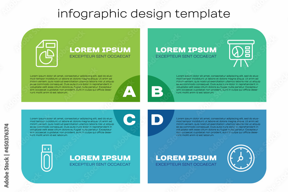 设置线USB闪存驱动器，带图表的文档，时钟和电路板。商业信息图模板。