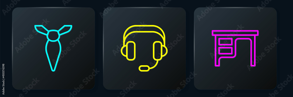 Set line Tie, Office desk and Headphones. Black square button. Vector