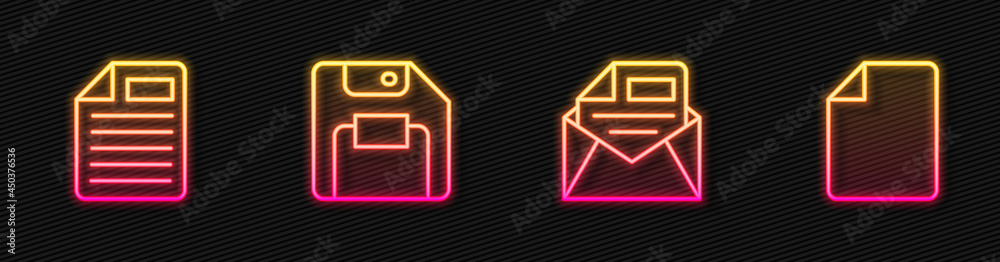 Set line Mail and e-mail, File document, Floppy disk and . Glowing neon icon. Vector