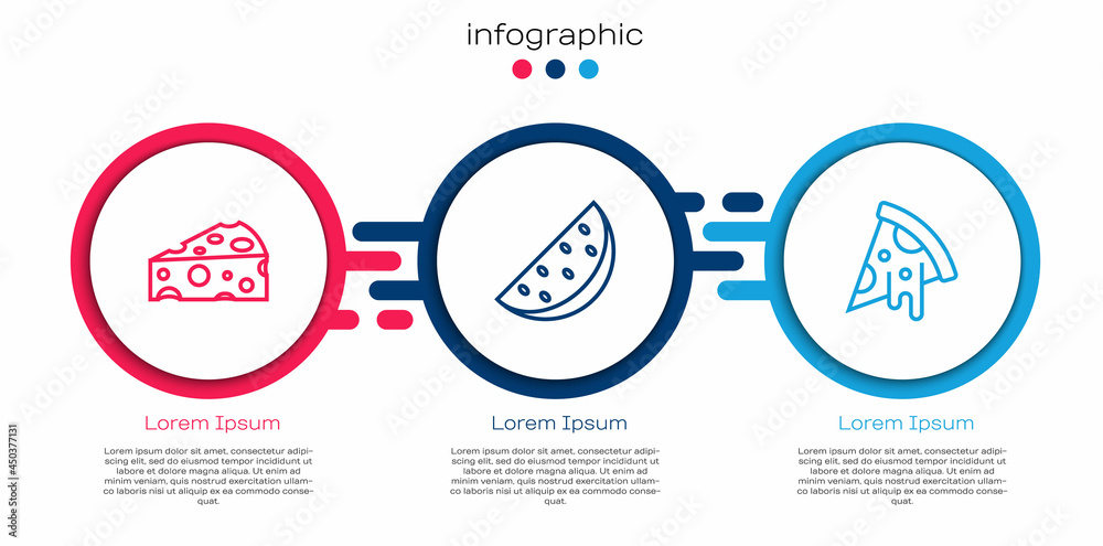 Set line Cheese, Watermelon and Slice of pizza. Business infographic template. Vector