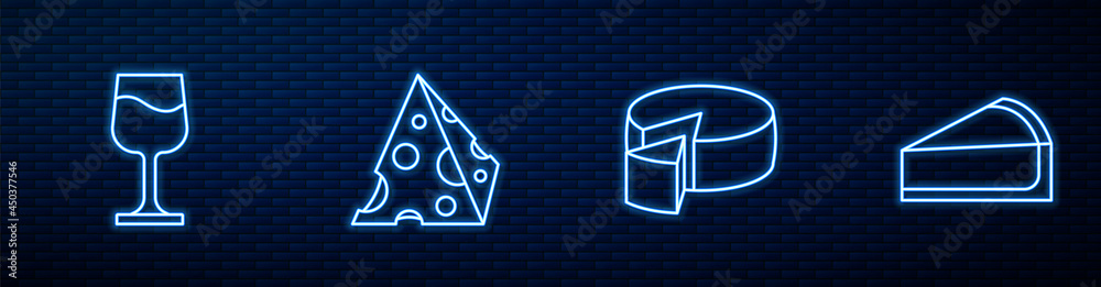 Set line Cheese, Wine glass, and Cherry cheesecake slice. Glowing neon icon on brick wall. Vector