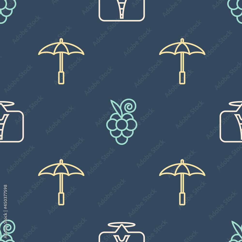 Set line Eiffel tower, Umbrella for beach and Grape fruit on seamless pattern. Vector