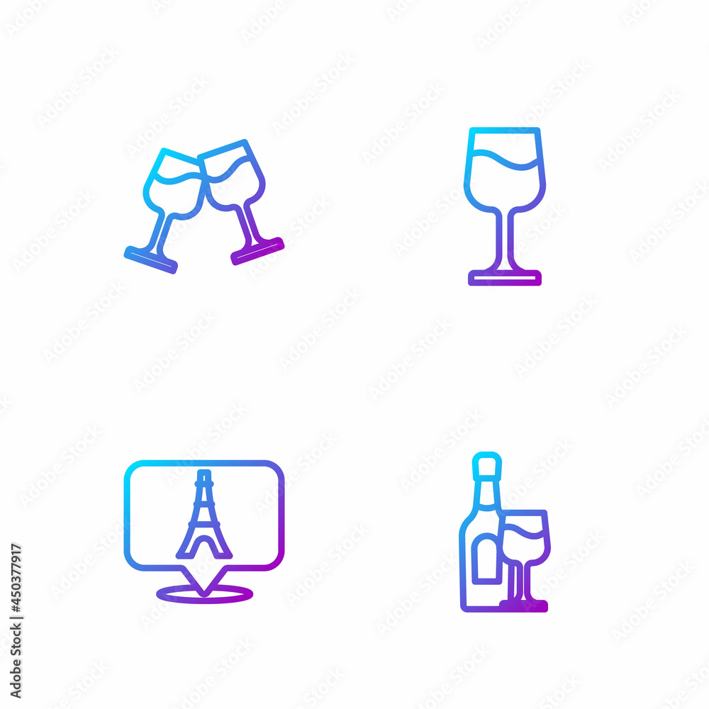 Set line Wine bottle with glass, Eiffel tower, and . Gradient color icons. Vector