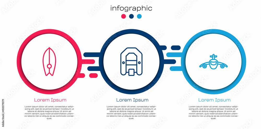 设置线路冲浪板、漂流船和飞机。商业信息图模板。矢量