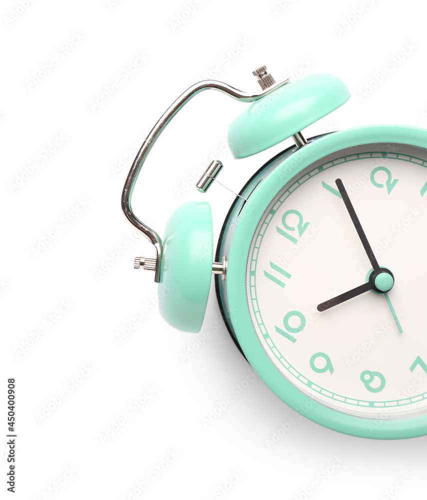 Stylish alarm clock on white background