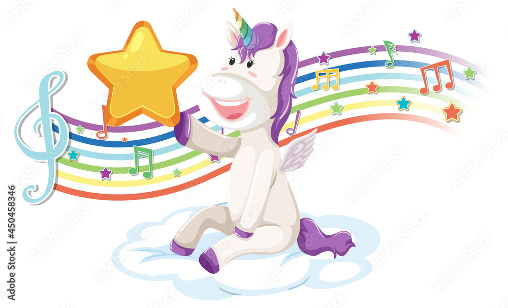 Cute unicorn holding star with melody symbols on rainbow