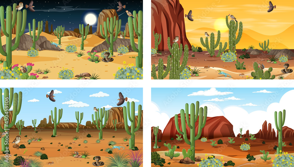 Different scenes with desert forest landscape with animals and plants