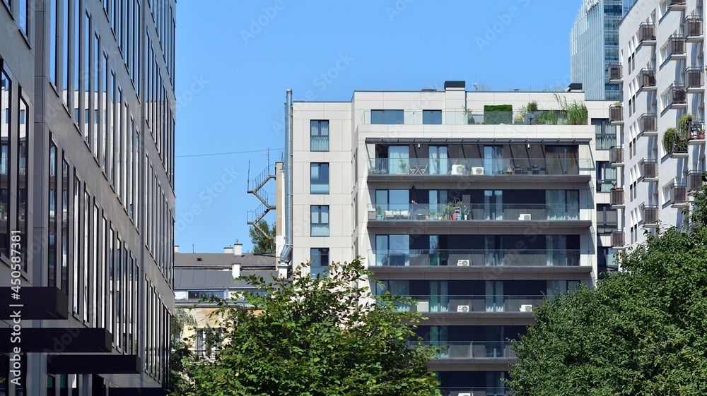 Modern glass office building with green leaves. Eco building  and greens  plants  in city concept.