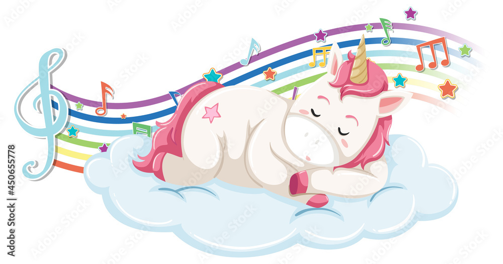 Cute unicorn sleeping on the cloud with melody symbols on rainbow