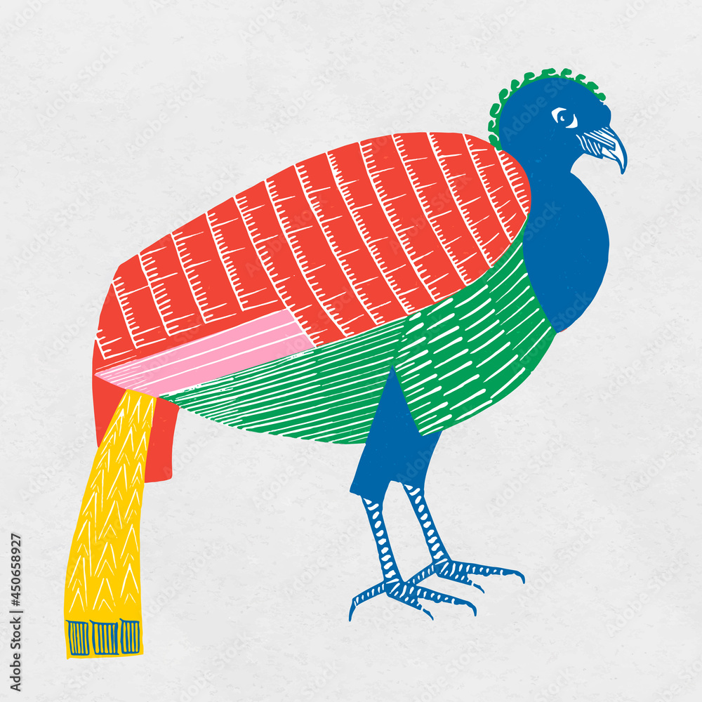 Vintage colorful bird vector linocut clipart