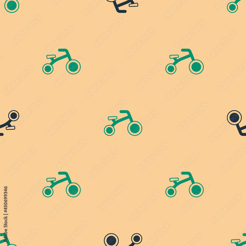 Green and black Bicycle for kids icon isolated seamless pattern on beige background. Vector