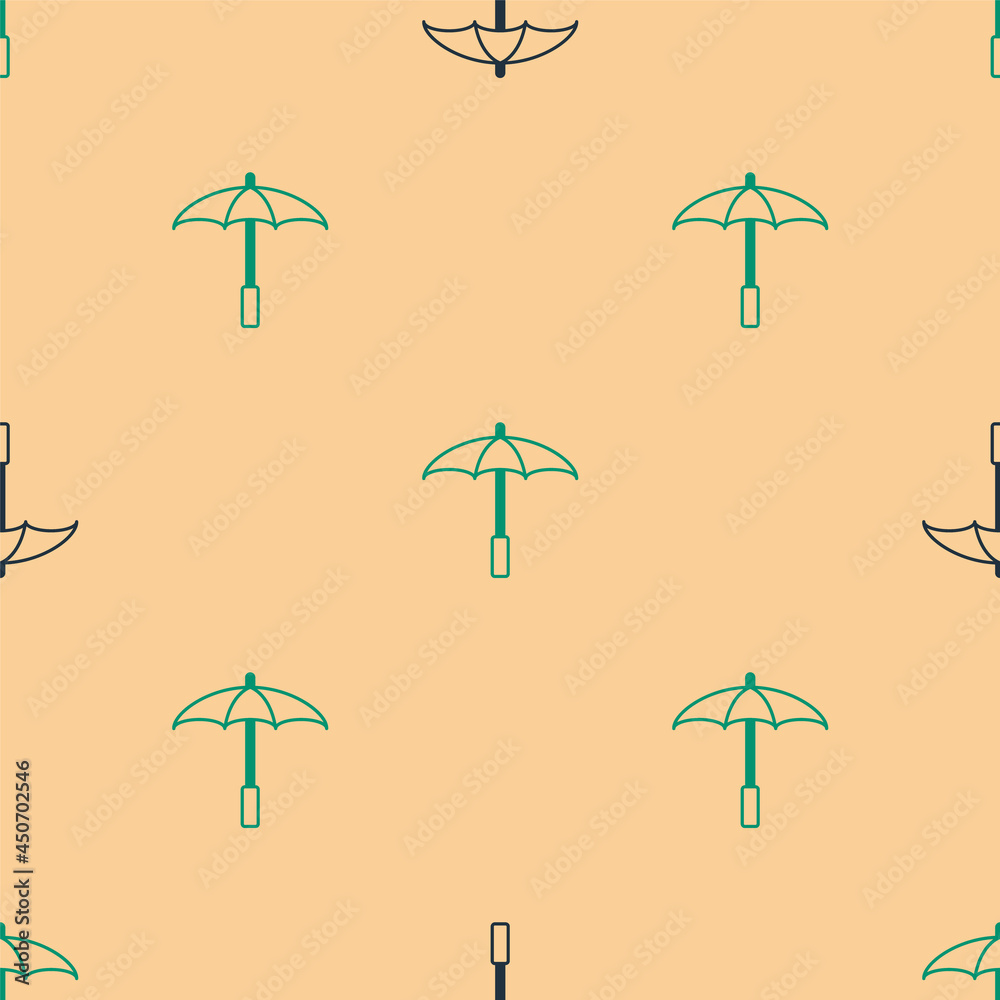 Green and black Sun protective umbrella for beach icon isolated seamless pattern on beige background