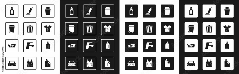 Set Trash can, Bottle for cleaning agent, Dirty t-shirt, Vacuum cleaner, and Temperature wash icon. 