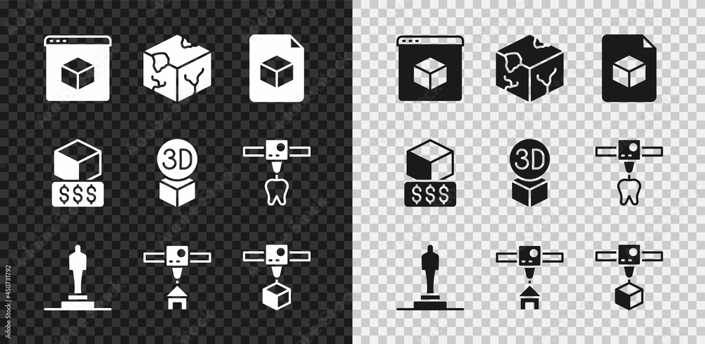 设置3D打印机、等角立方体、文件、模型、房屋、服务和图标.Vector