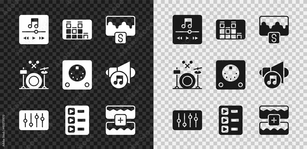 设置音乐播放器、均衡器、波形、混音器控制器、播放列表、鼓和机器图标。矢量