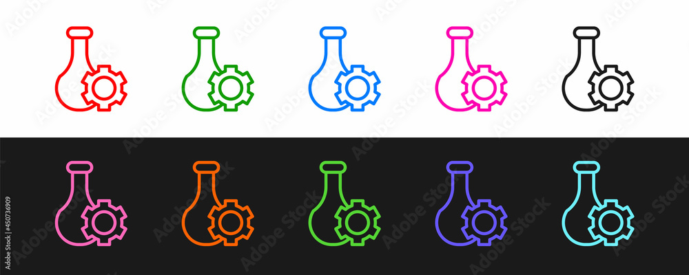 Set line Test tube and flask chemical laboratory test icon isolated on black and white background. L