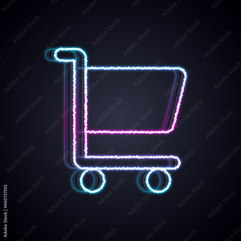 Glowing neon line Shopping cart icon isolated on black background. Online buying concept. Delivery s