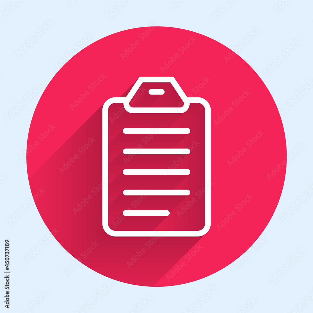 White line To do list or planning icon isolated with long shadow background. Red circle button. Vect