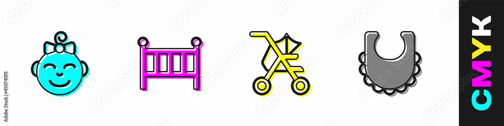 Set Little girl head, Baby crib cradle bed, stroller and bib icon. Vector