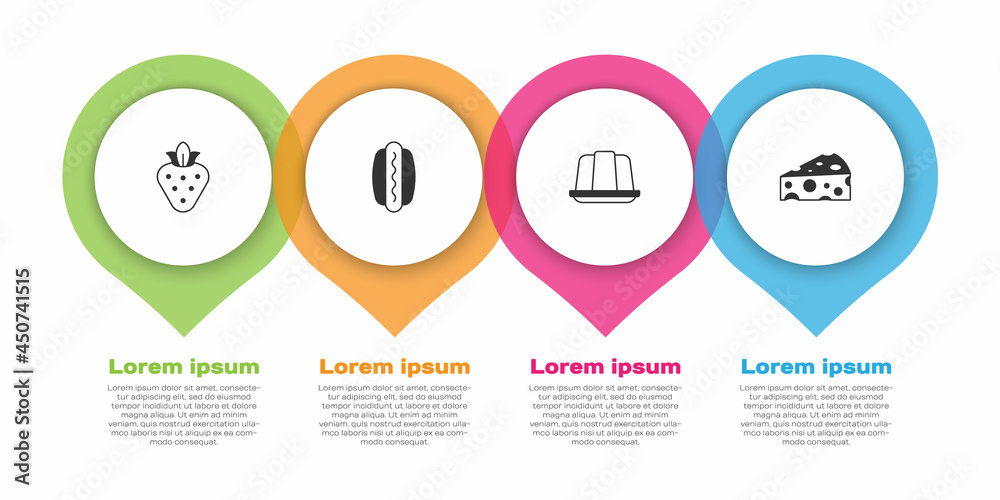 Set Strawberry, Hotdog, Jelly cake and Cheese. Business infographic template. Vector