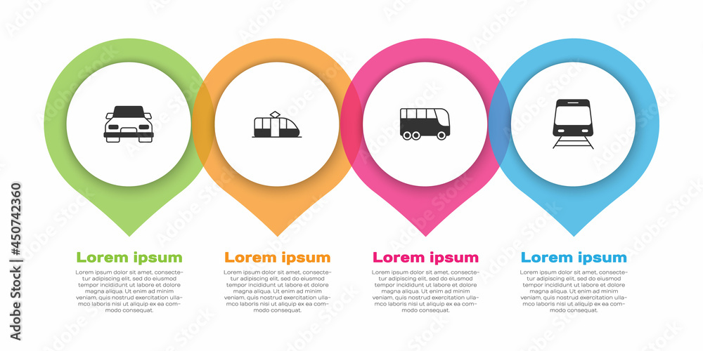 设置汽车、有轨电车和铁路、公共汽车和火车。商业信息图模板。矢量