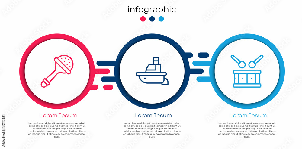 Set line Rattle baby toy, Toy boat and Drum with drum sticks. Business infographic template. Vector