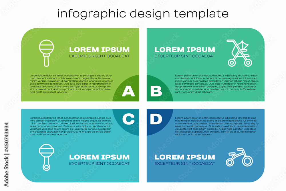 Set line Rattle baby toy，Bicycle for children and baby婴儿车。商业信息图模板。Vector
