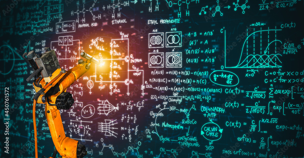Robot arm AI analyzing mathematics for mechanized industry problem solving . Concept of robotics tec