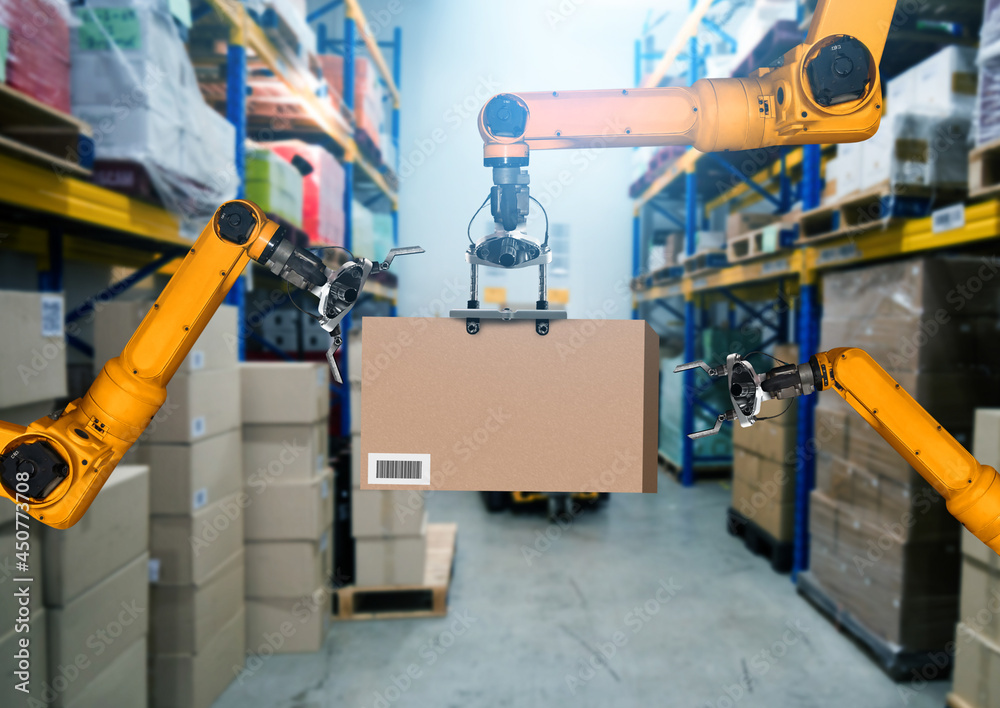 Smart robot arm system for innovative warehouse and factory digital technology . Automation manufact