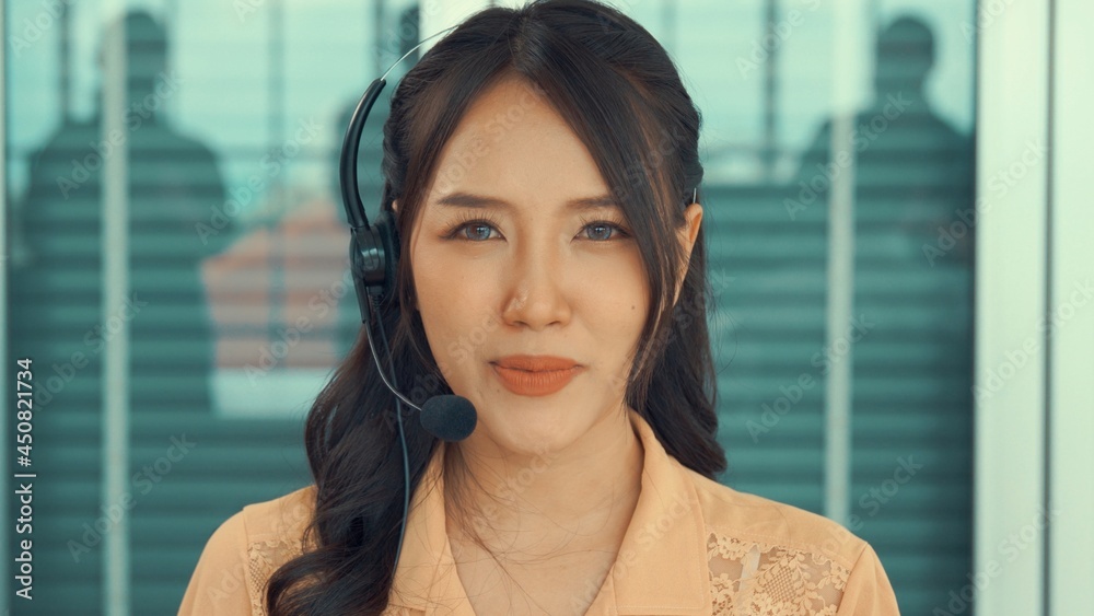 Video call camera view of businesswoman talks actively in videoconference . Call center, telemarketi