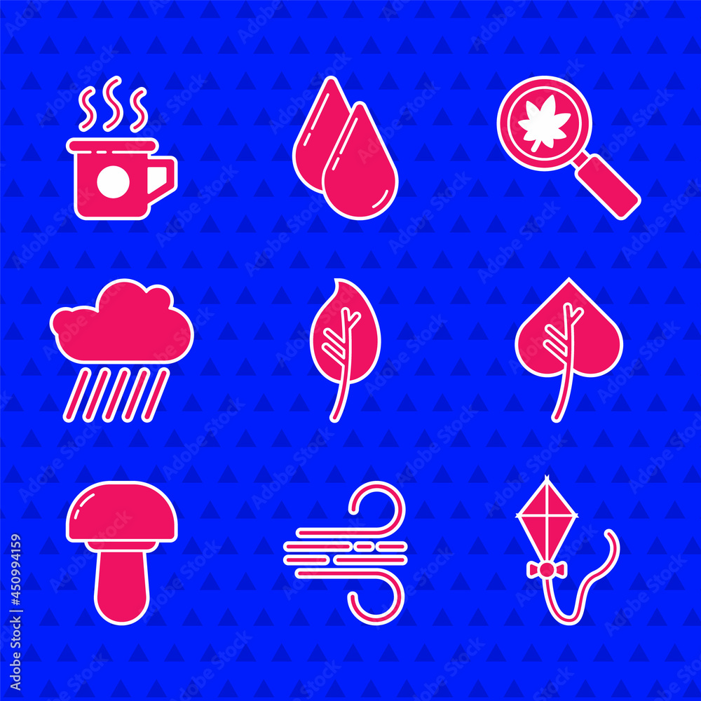 Set Leaf or leaves, Wind, Kite, Mushroom, Cloud with rain, Magnifying glass leaf and Cup of tea icon