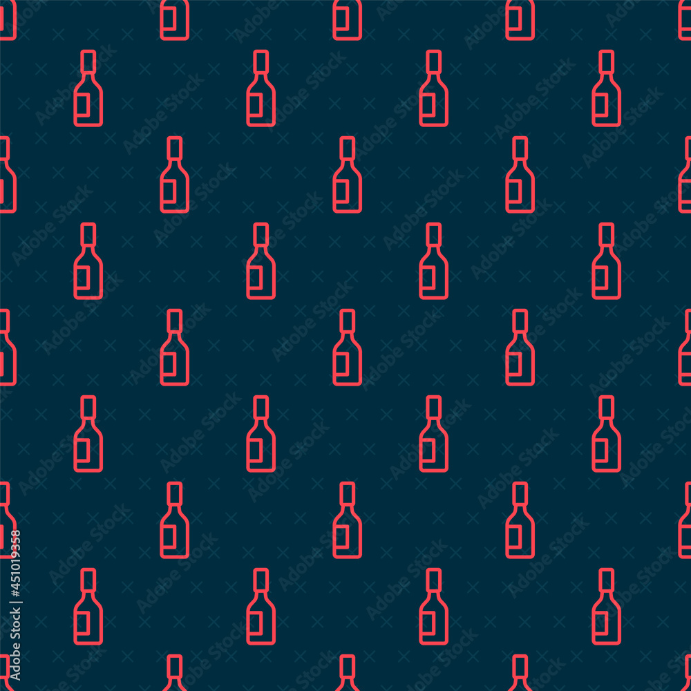 Red line Tabasco sauce icon isolated seamless pattern on black background. Chili cayenne spicy peppe