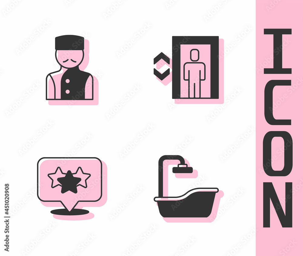 Set Bathtub, Concierge, Stars rating and Lift icon. Vector